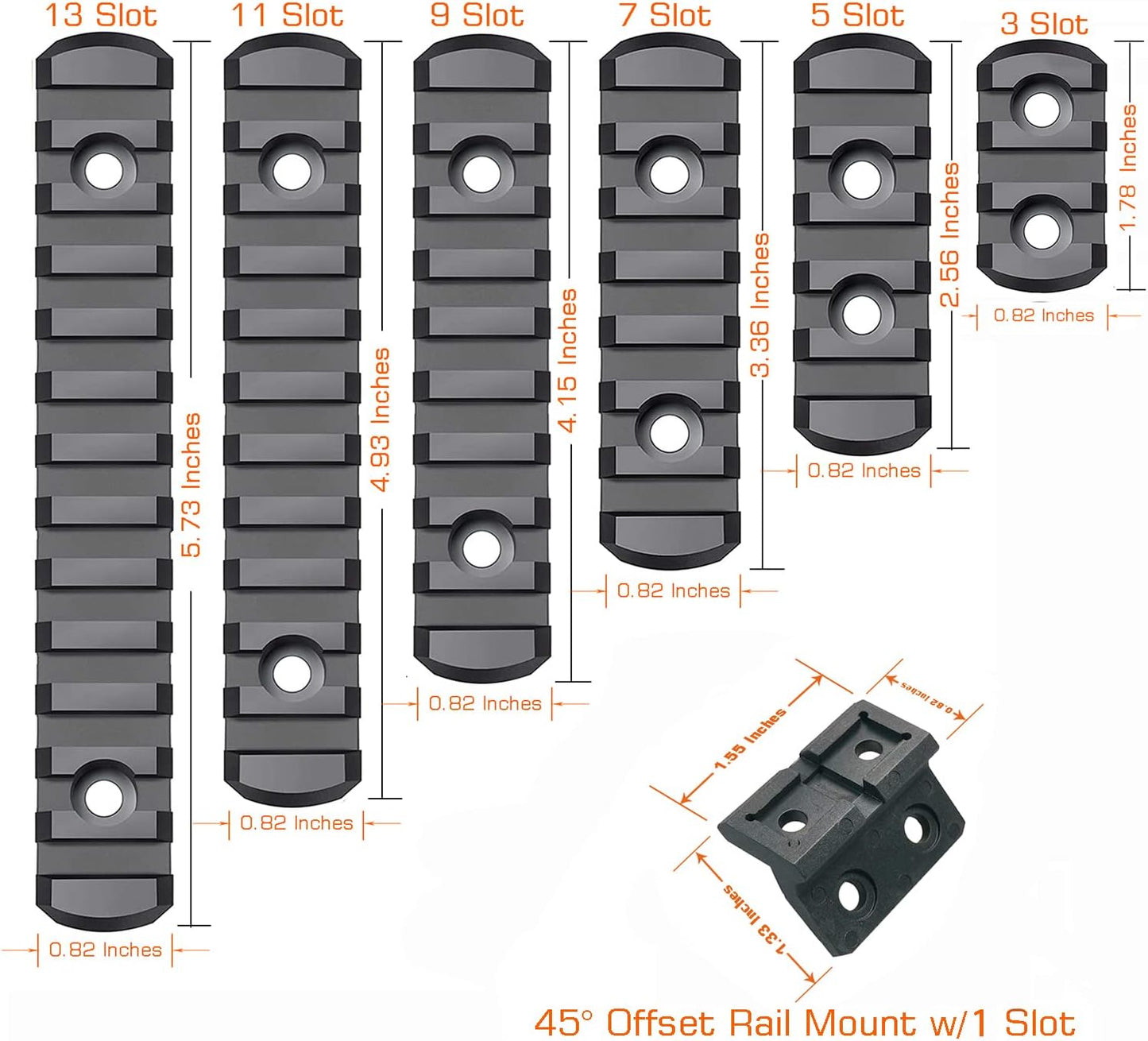 Picatinny Rail - 3, 5, 7, 9, 11, 13-Slot Polymer Rail Section with Offset Mount & T-Nuts