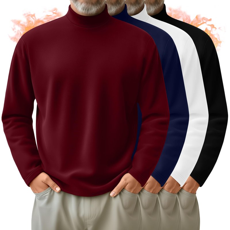 Velvelhall 4 Pack Men's Mock Turtleneck Shirts, Long Sleeves Thermal Pullover Sweater Casual Undershirt Loose Fit Tops(Black, Burgundy, Navy Blue, White,Large)