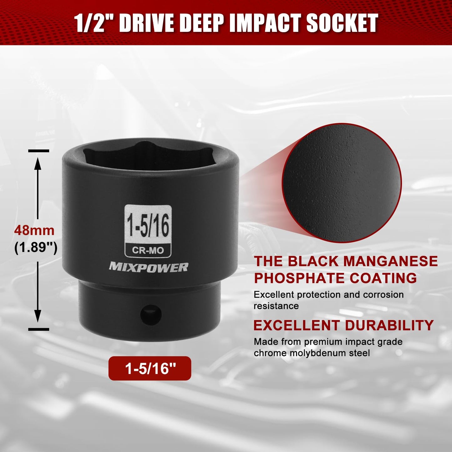 MIXPOWER 1/2" Drive Shallow Impact Socket, CR-MO, 1-5/16", 6 Point, Radius Corner Design, Axle Nut Impact Grade Socket for Easy Removal