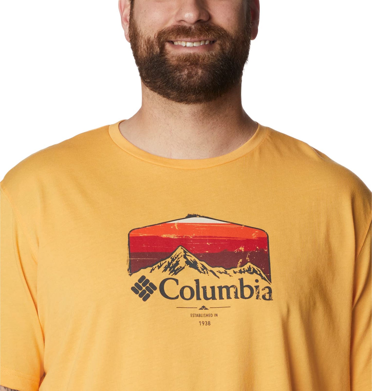 Columbia Men's Thistletown Hills Graphic Short Sleeve, Mango Heather/Hikers Graphic, Medium