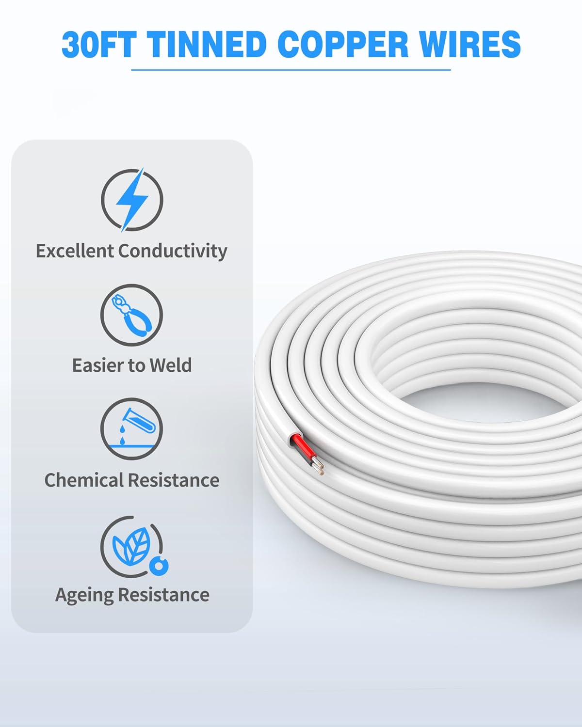 NAOVEO 18 AWG Stranded PVC Tinned Copper Wire - Flexible Low Voltage Electrical Cable (30FT)