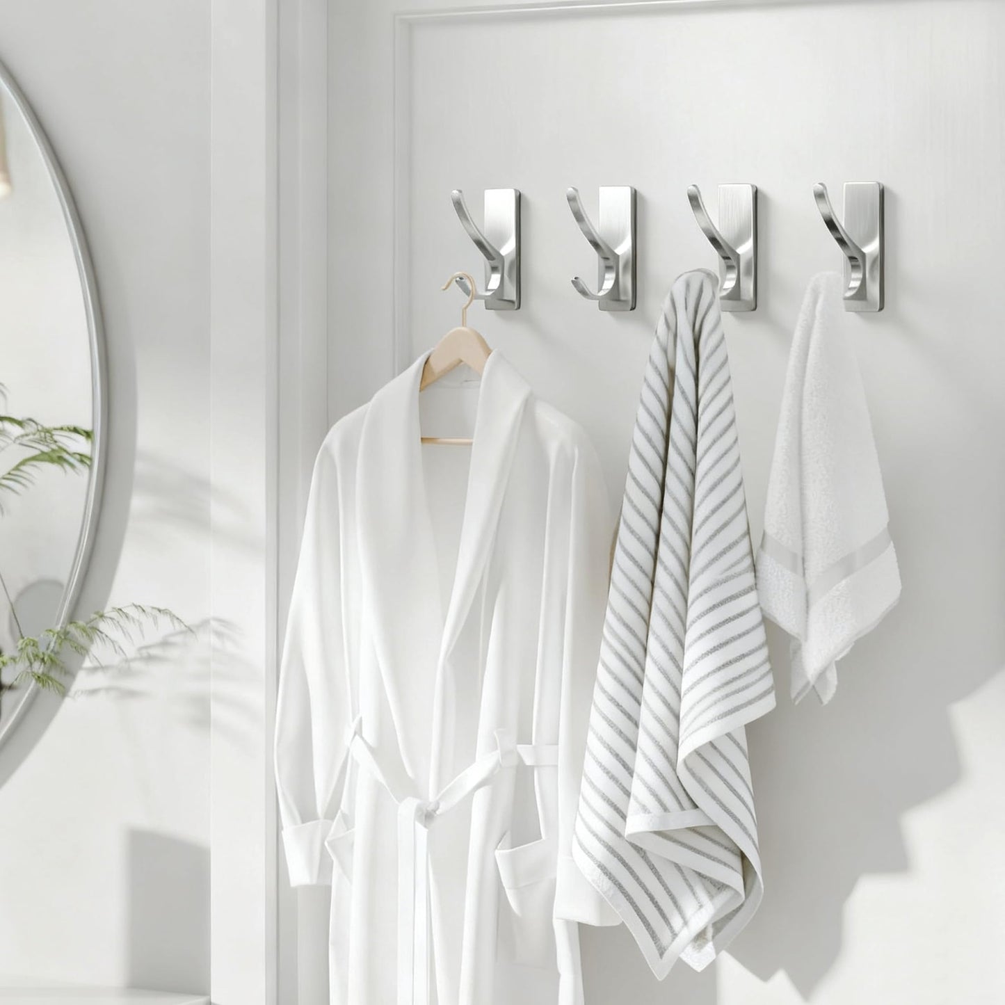 Self Adhesive Coat Hooks for Hanging: Heavy Duty Stainless Wall Hook for Towel, Backpack, Hat, Sturdy Metal Hanger for Bathroom, Bedroom, Door, Brushed Nickel 4 Pack