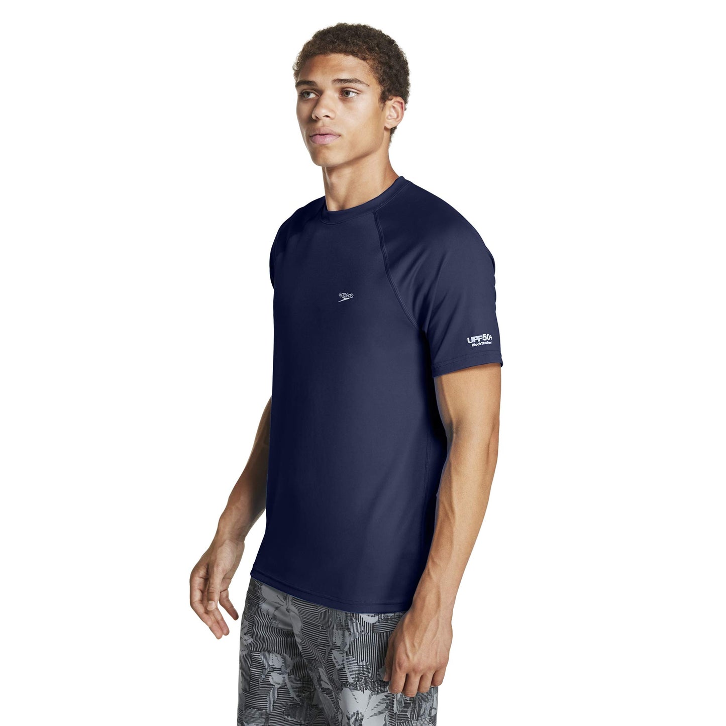 Speedo Men's Uv Swim Shirt Short Sleeve Regular Fit Solid Peacoat