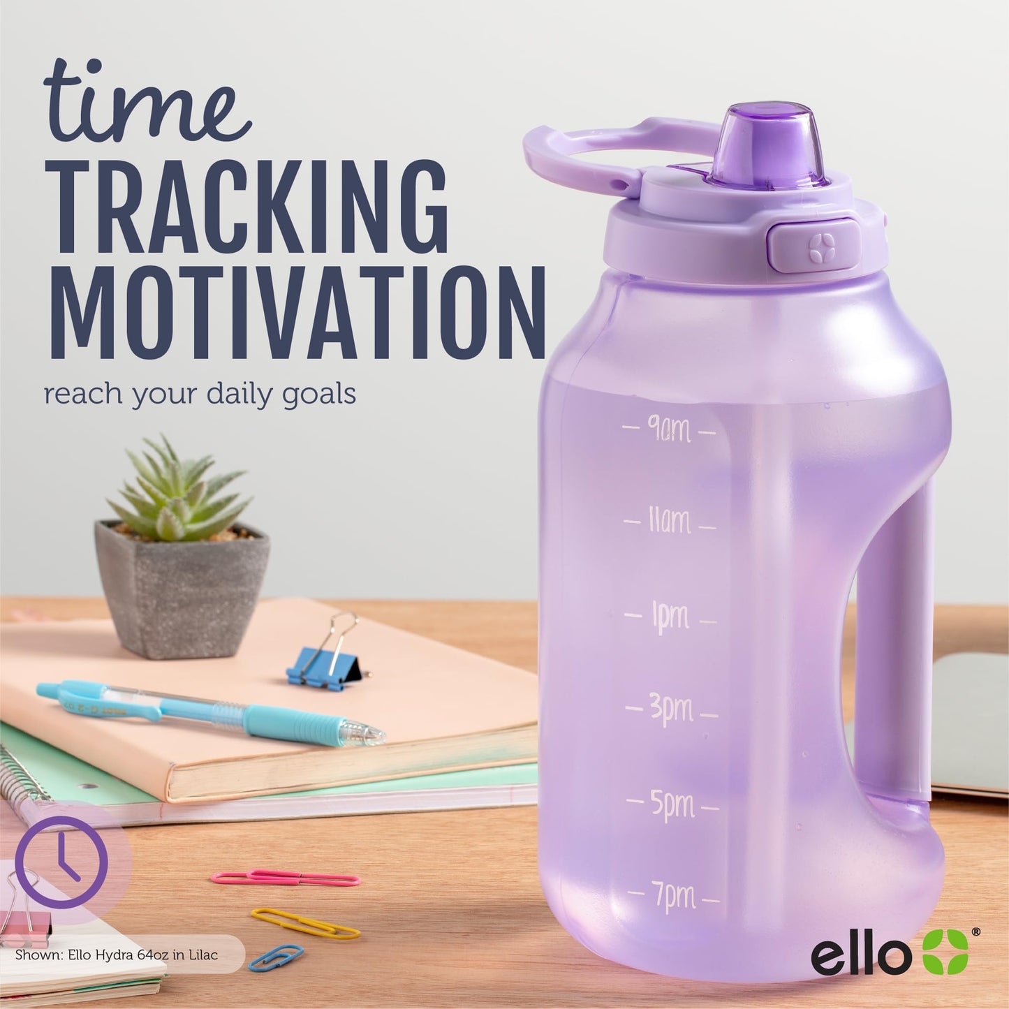 Ello Hydra 64oz BPA-Free Plastic Water Jug with Time Markers, Grey
