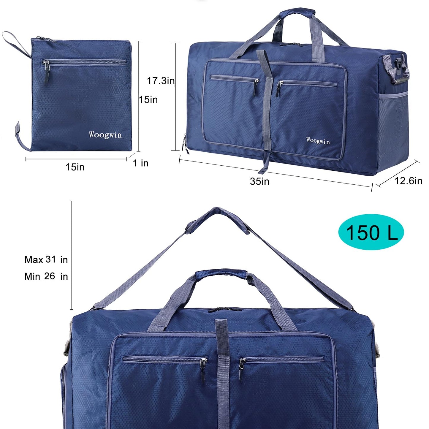 Woogwin Travel Duffel Bag Large Foldable Waterproof Overnight Bag for Beach Swim Bags Pool Sports Gym (150L Darkblue)