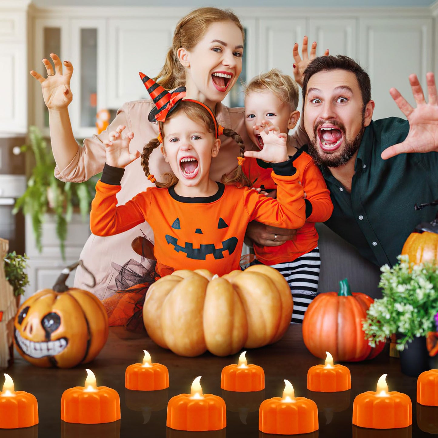 12 Pack Pumpkin Tea Lights Halloween Decorations, LED Orange Pumpkin Lights FlameLess Candles Battery Operated Thanksgiving Flickering Tealights Candles for Table Home Party Christmas Fall Decor