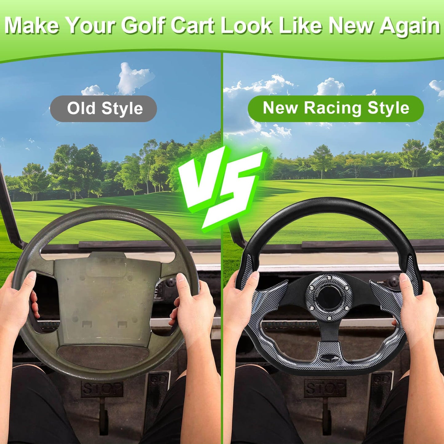 Golf Cart Steering Wheel for EZGO TXT/RXV/Valor/Marathon, Club Car DS/Precedent/Onward/Tempo and Yamaha G2-G29 Drive Carts with Racing D-Shape Comfortable Grip Ergonomic Design Precise Steering.
