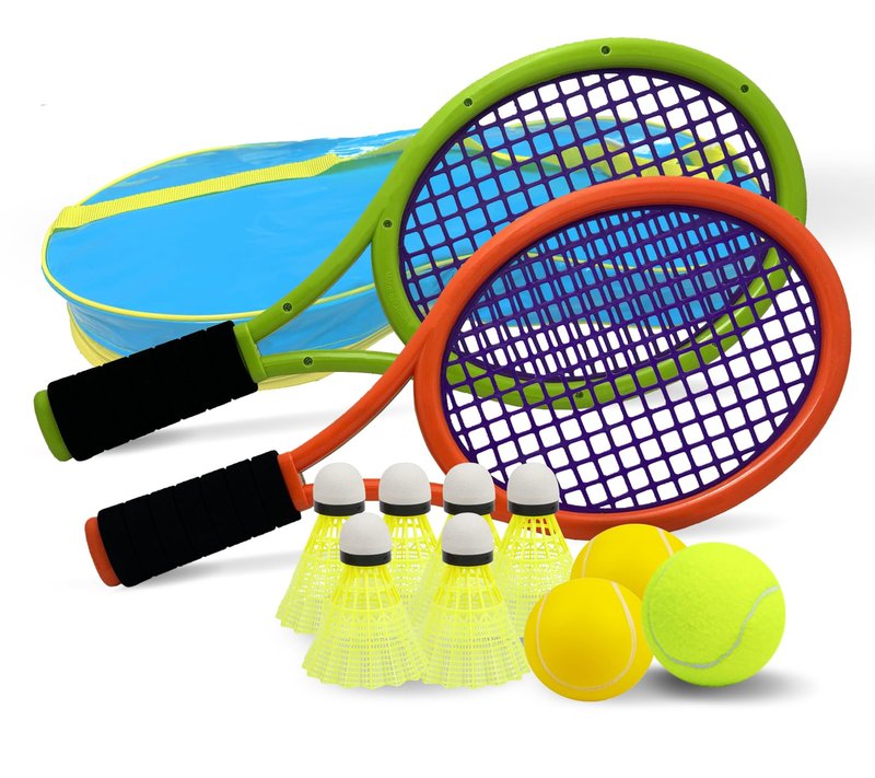 Crefotu Kid Tennis Racket Set for Toddler,Children,Sponge Handle, Includes 6 Badminton, 1 Tennis Ball, Bag and 2 Balls - Increase Children's Sports,Improve Tennis Skills (Grey Orange&Green)