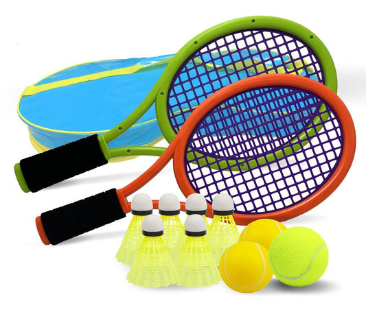 Crefotu Kid Tennis Racket Set for Toddler,Children,Sponge Handle, Includes 6 Badminton, 1 Tennis Ball, Bag and 2 Balls - Increase Children's Sports,Improve Tennis Skills (Grey Orange&Green)