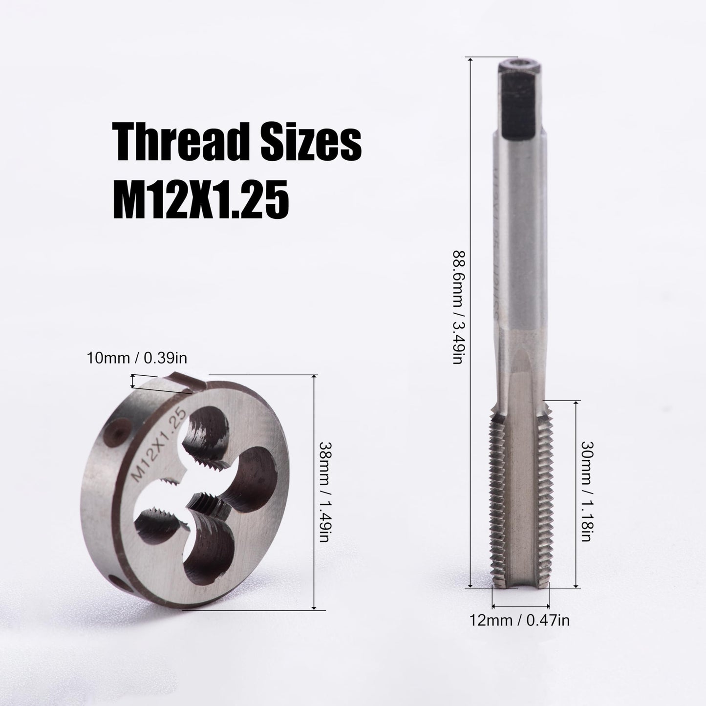 M12 x 1.25mm Metric Tap and Die Set, M12 x 1.25mm High-Speed Steel Machine Round Tap Die Set, Right Hand Thread Tap and Round Thread Die Tool