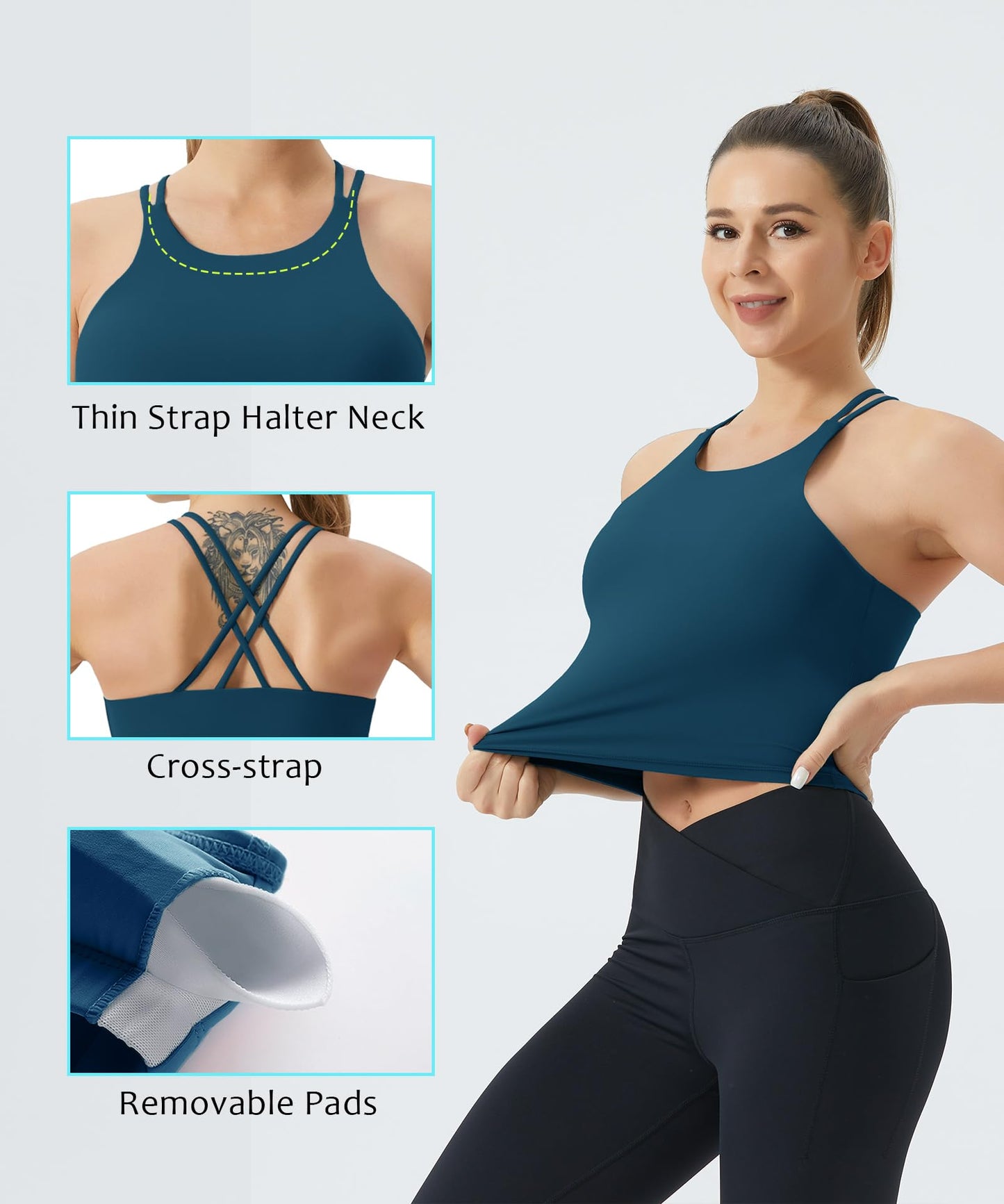 THE GYM PEOPLE Women's Cross Back Sports Bra Halter Neck Workout Crop Tank Tops with Removable Pads Dark Blue Green