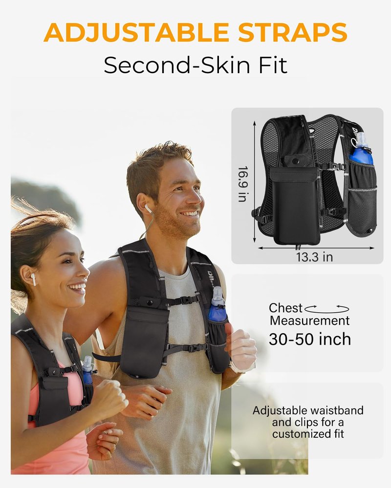 Running Vest for Women Men with Water Bottle, Lightweight Hydration Vest with Touch Screen Phone Pocket, 500ml Soft Flask, Adjustable Chest Straps, Reflective for Marathon Jogging