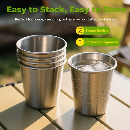 Luxgola 8 Pack 16oz Stainless Steel Cups, Stainless Steel Stacking Beer Pint Cups, Stainless Steel Water Tumbler for Home, Party, Camping, Outdoor, Stackable Drinking Glasses, Reusable, BPA Free