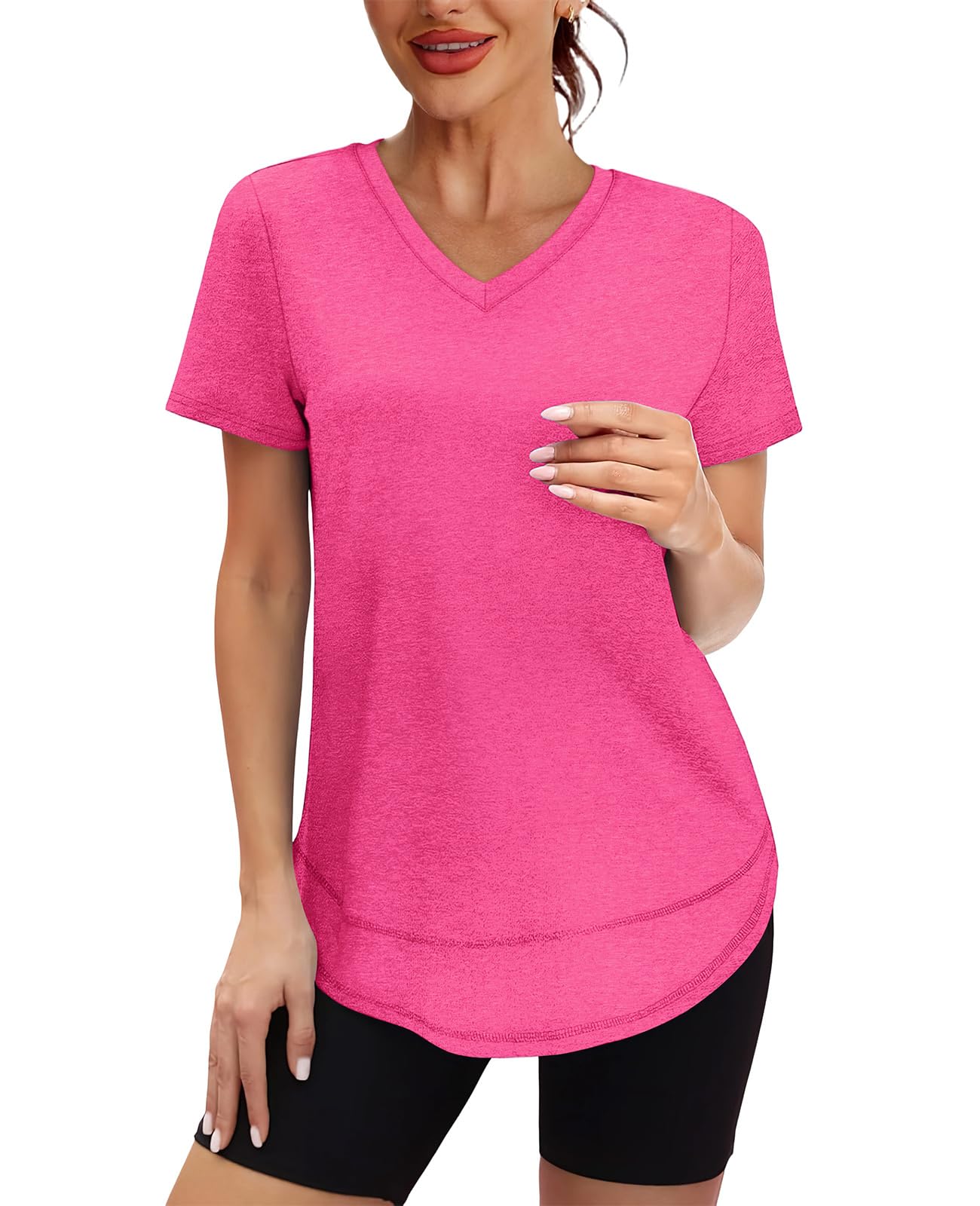 Spring Summer Tops for Women Short Sleeve Hiking Shirts Athleisure Golf Shirt Beach Fashion Curved Hem Loose Fit V Neck Hot Pink 2XL