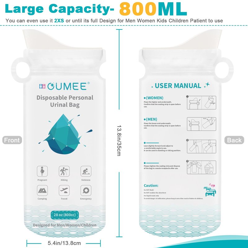 OUMEE 800ML Emergency Disposable Urinal Bags, 8/12/20/23/28 Pcs Camping Pee Bags Unisex Urine Bag Vomit Bag for Travel Traffic Jam Portable Toilet for Men Women (23)