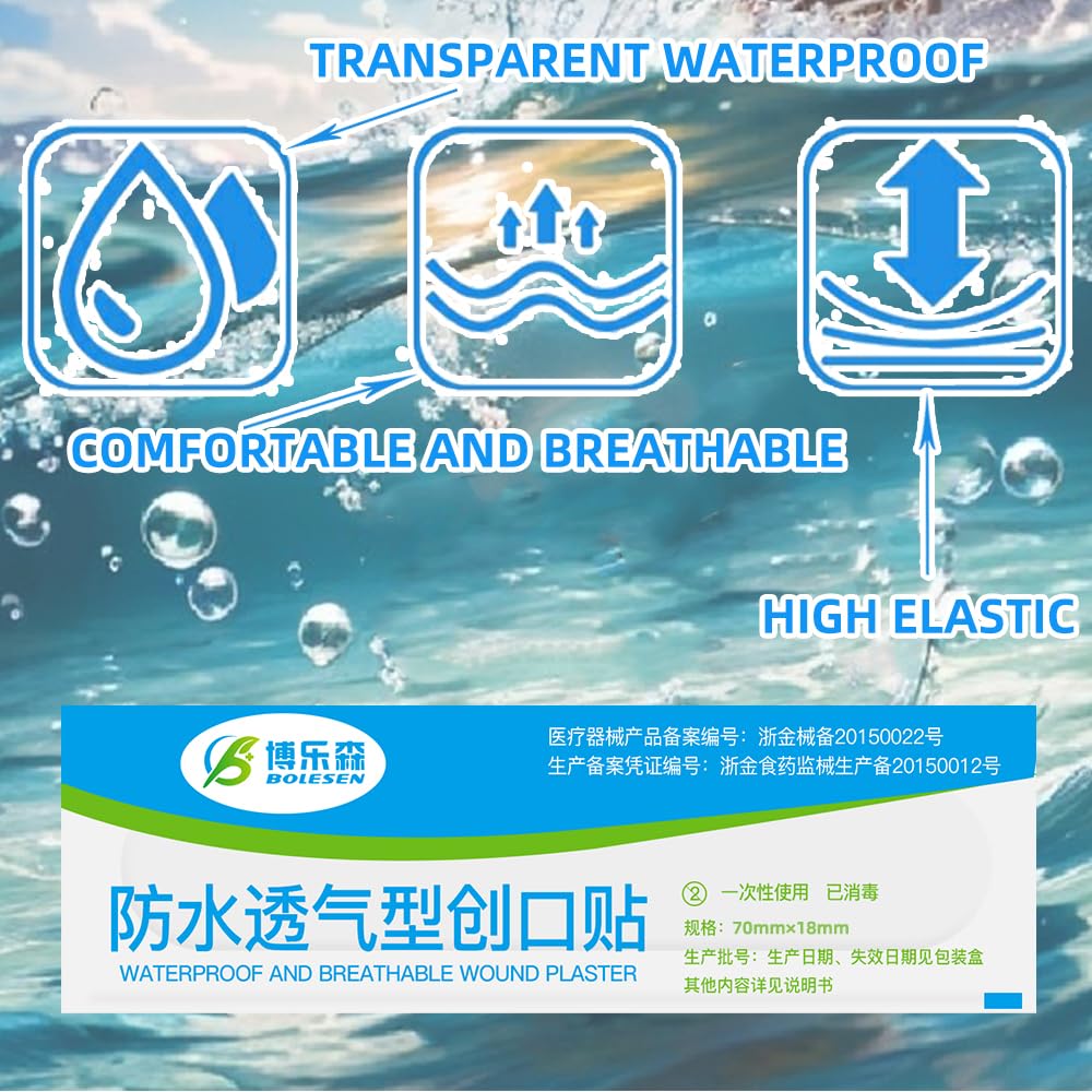 Waterproof Adhesive Bandages, Clear Bandages of Minor Cuts Scrapes, 2.7 x 0.7 Inch, 100 Count First Aid Elastic Bandages, Water Block Wound Tape for Swimming, Bathing - 1 Box