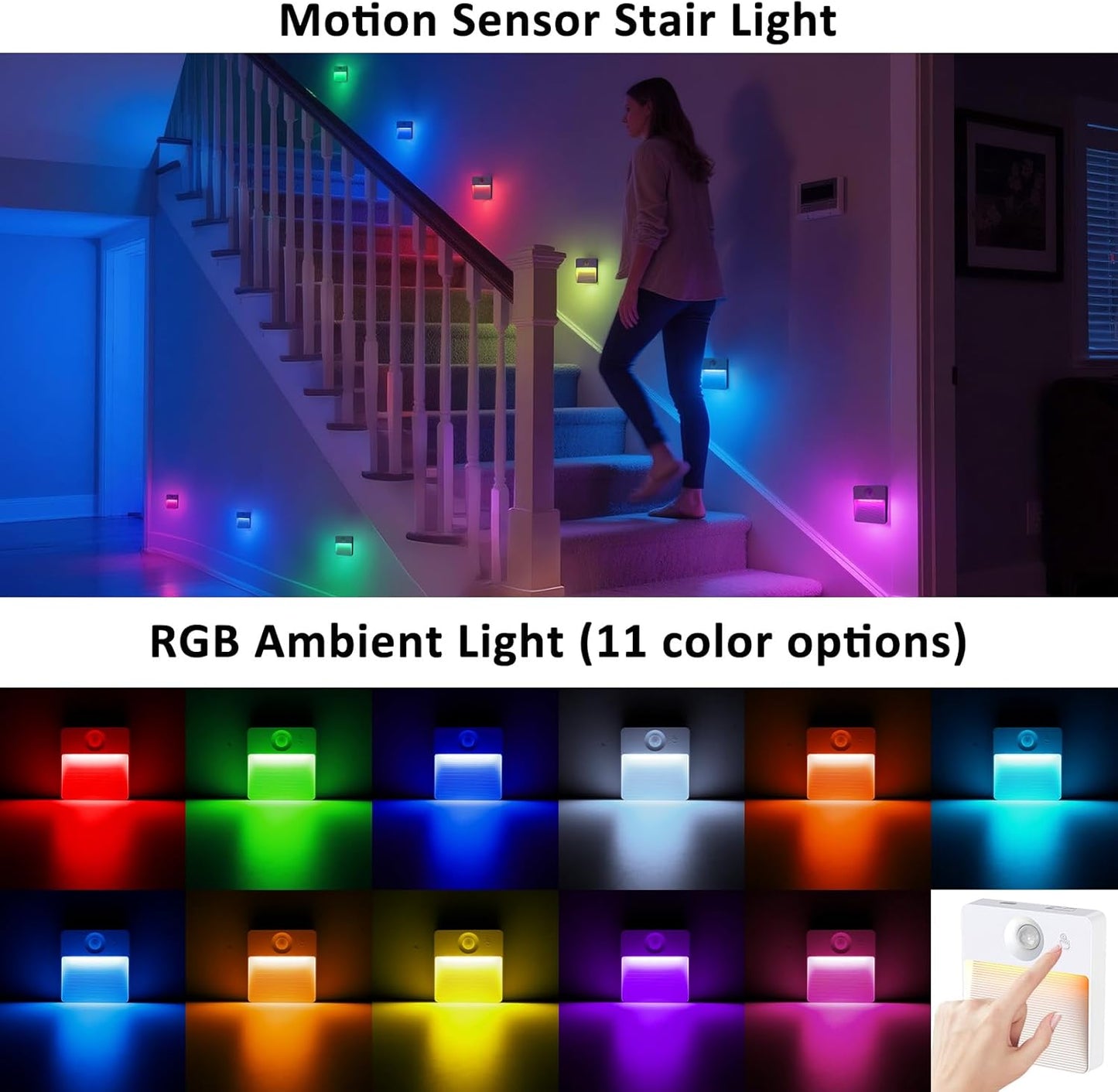 Rechargeable Motion Sensor Stair Lights - 8 Pack RGBW Battery Operated Night Lamps for Indoor Use