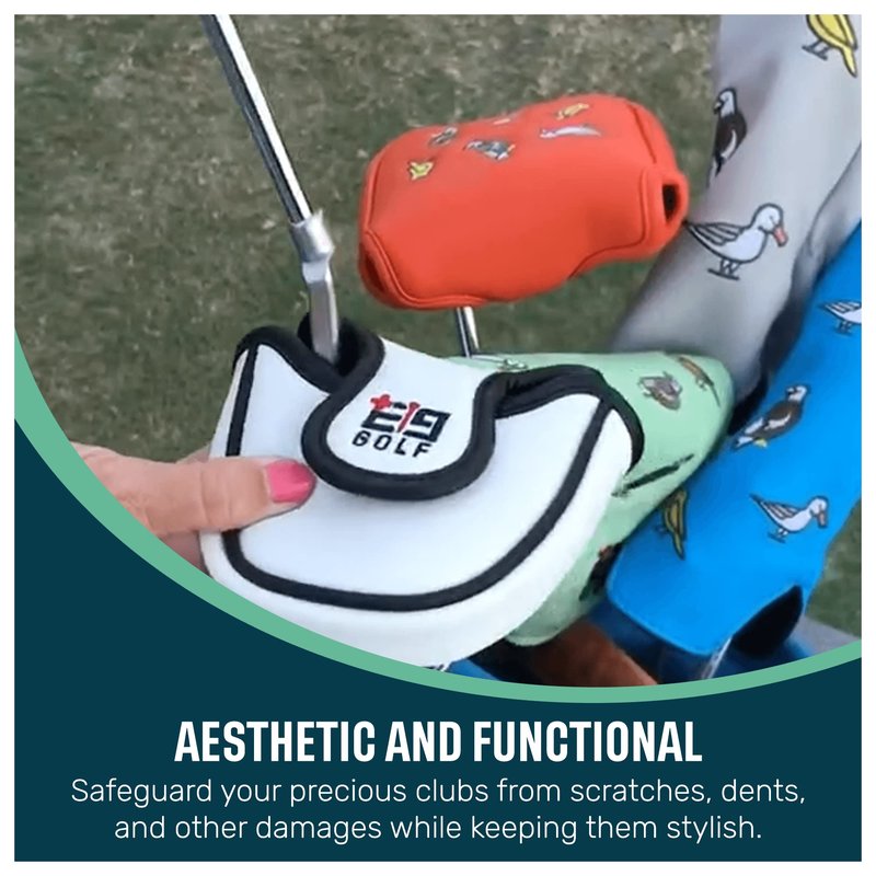 e9 golf Fore the Birds Round Mallet Putter Cover - Synthetic Leather Golf Mallet Putter Headcover - Men & Women Golf Mallet Putter Covers Accessories - Universal Fit Putter Cover - (White)