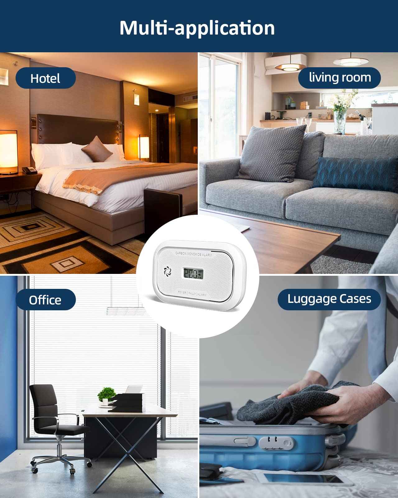 Ecoey Carbon Monoxide Detectors with Digital LCD Display, Carbon Monoxide Alarm Replaceable Battery Operated, 10 Year Lifespan CO Alarm Detector with Mute Mode for Home, 4 Packs