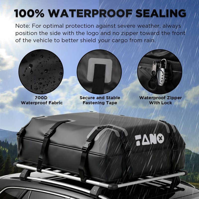 TANX Car Roof Bag - 21 Cubic Feet Rooftop Cargo Carrier, 100% Waterproof for All Cars with/Without Roof Rack, Includes Anti-Slip Mat, 12 Reinforced Straps, 6 Door Hooks, Luggage Lock & Storage Bag