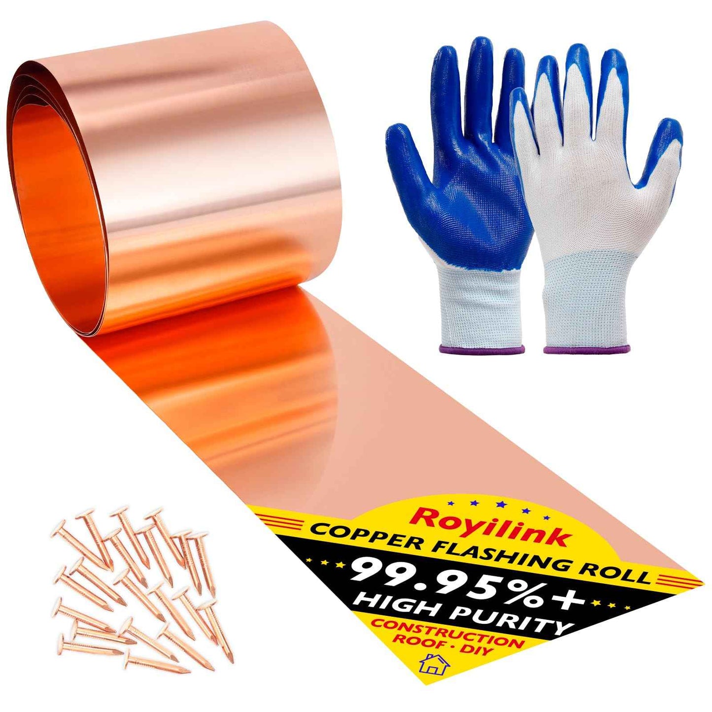 Royilink Copper Flashing Roll - 26 Gauge (0.016'/0.4mm) Thickness, 8in x 10ft, ASTM B152 99.95%+ Pure Copper, Roofing & DIY Project