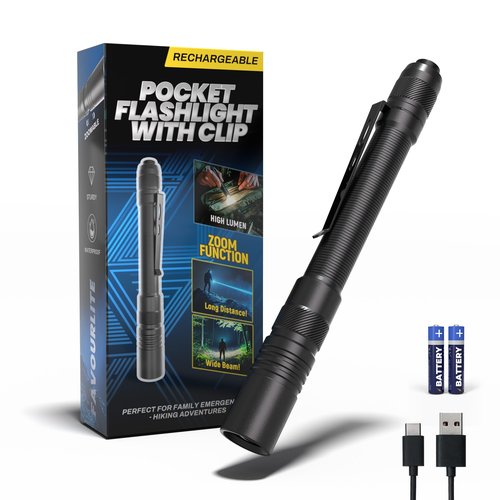 Rechargeable Pen Light Flashlight, 800LM Zoomable Pocket Flashlights with Clip Dual Modes LED Pen Flashlight Battery Powered Waterproof Bright Flashlights for Outdoor Home Emergencies (1, Black)