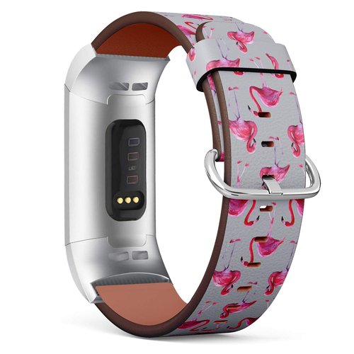 Compatible with Fitbit Charge 3 & 3 SE - Leather Wristband Bracelet Replacement Accessory Band (Includes Adapters) - Pink Flamingos