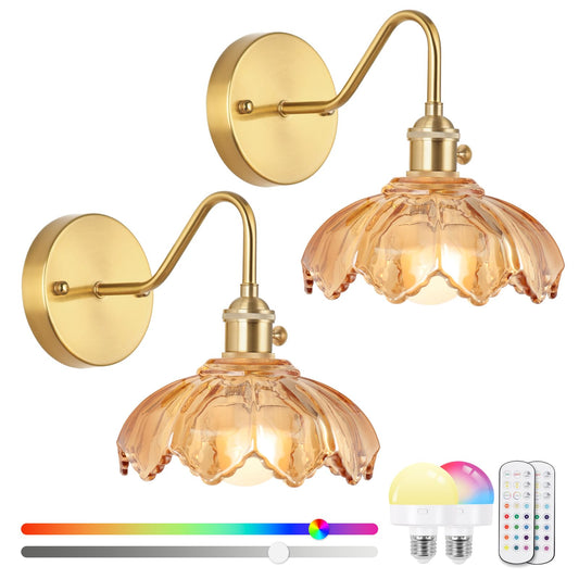 EIDEARAY Vintage Glass Sconces, Battery Operated Wall Light with Remote, Rechargeable Wall Sconces RGB, No Socket Required, Easy to Install, Vintage Wall Sconce for Bedroom, Hallway, Aisle