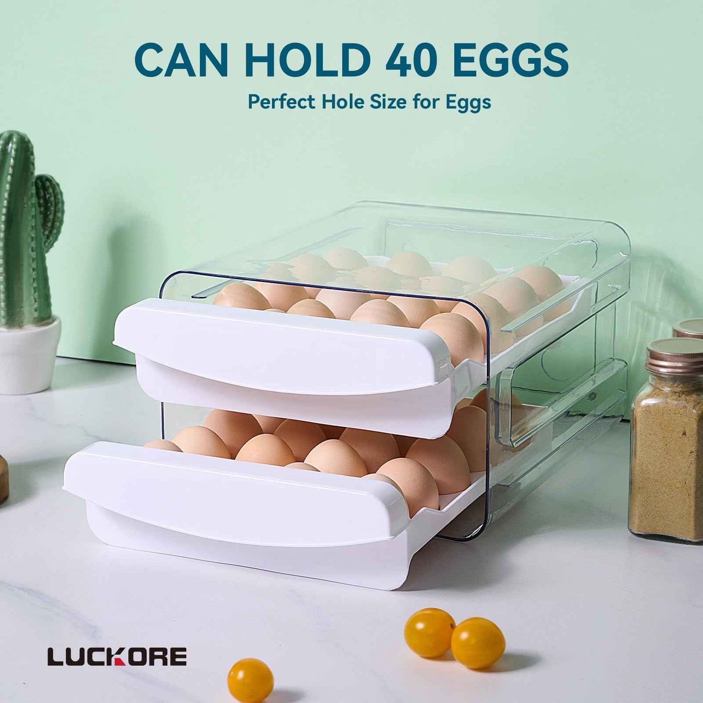 Luckore Egg Container Holders Dispenser for Refrigerator 40 Eggs, 2 Tier Clear Stackable Holder Tray with Drawer for Fridge, Storage Container with Handles for Refrigerator, Countertop