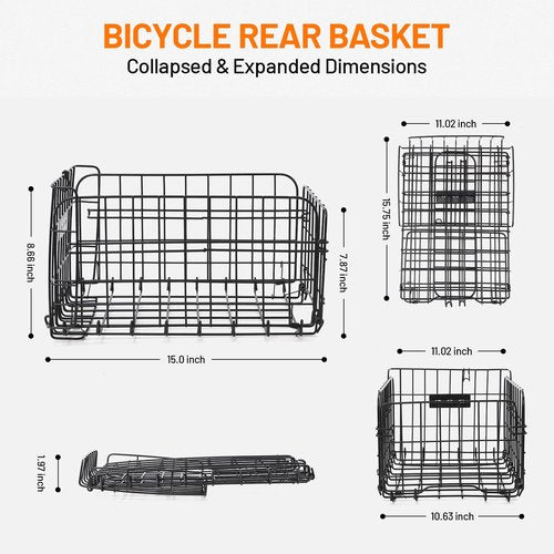 AUMENTAR Bike Basket Rear, Folding Rear Bicycle Basket with Liner Bag, Waterproof Cover & Cargo Net, 56lbs Capacity for Adult Bikes Carrying Dogs, Pets, Fruit & Grocery