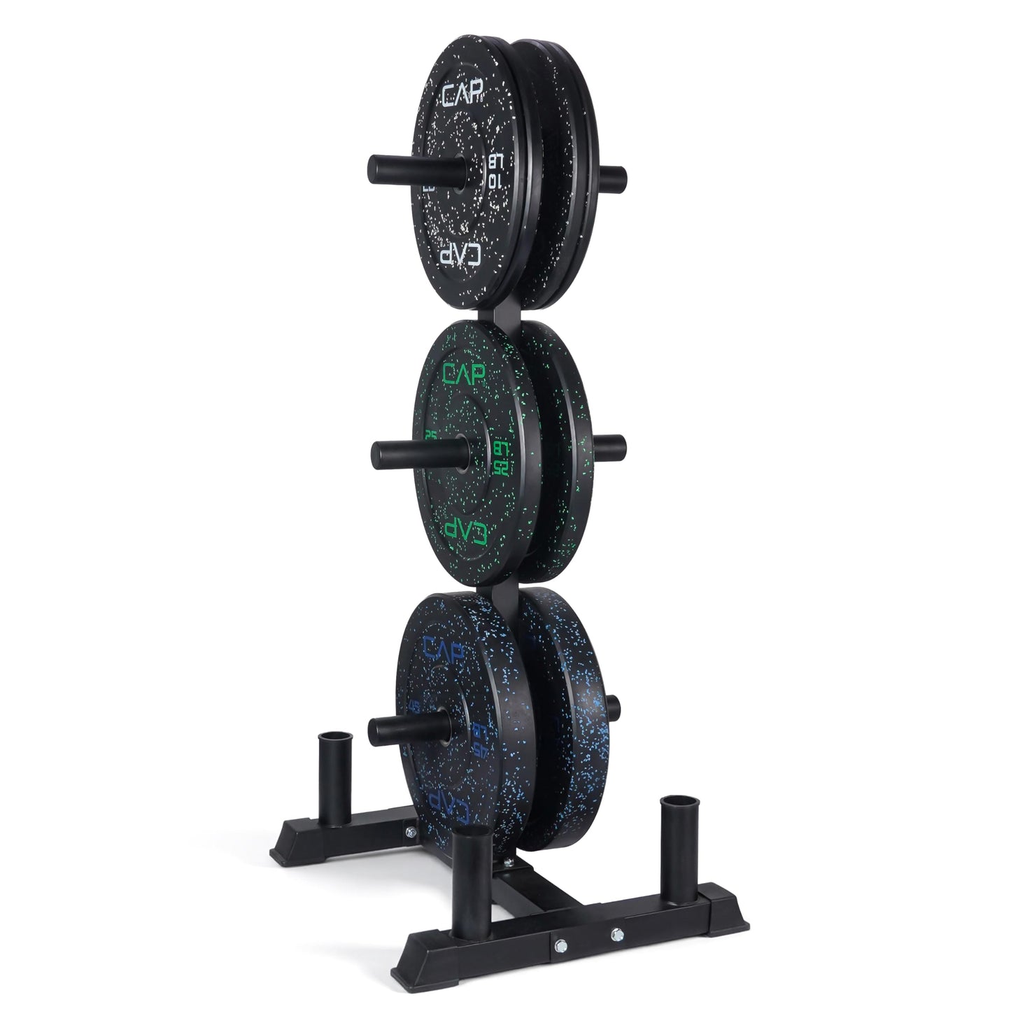 CAP 190 lb Economy Speckled Olympic Bumper Plate Set with Storage Rack, 2-Inch Olympic Plates, Medium Bounce Rubber Weight Plates with Steel Hub, 6 Weight Posts & 4 Barbell Holders for Weightlifting, Strength Training & Home Gym Workouts