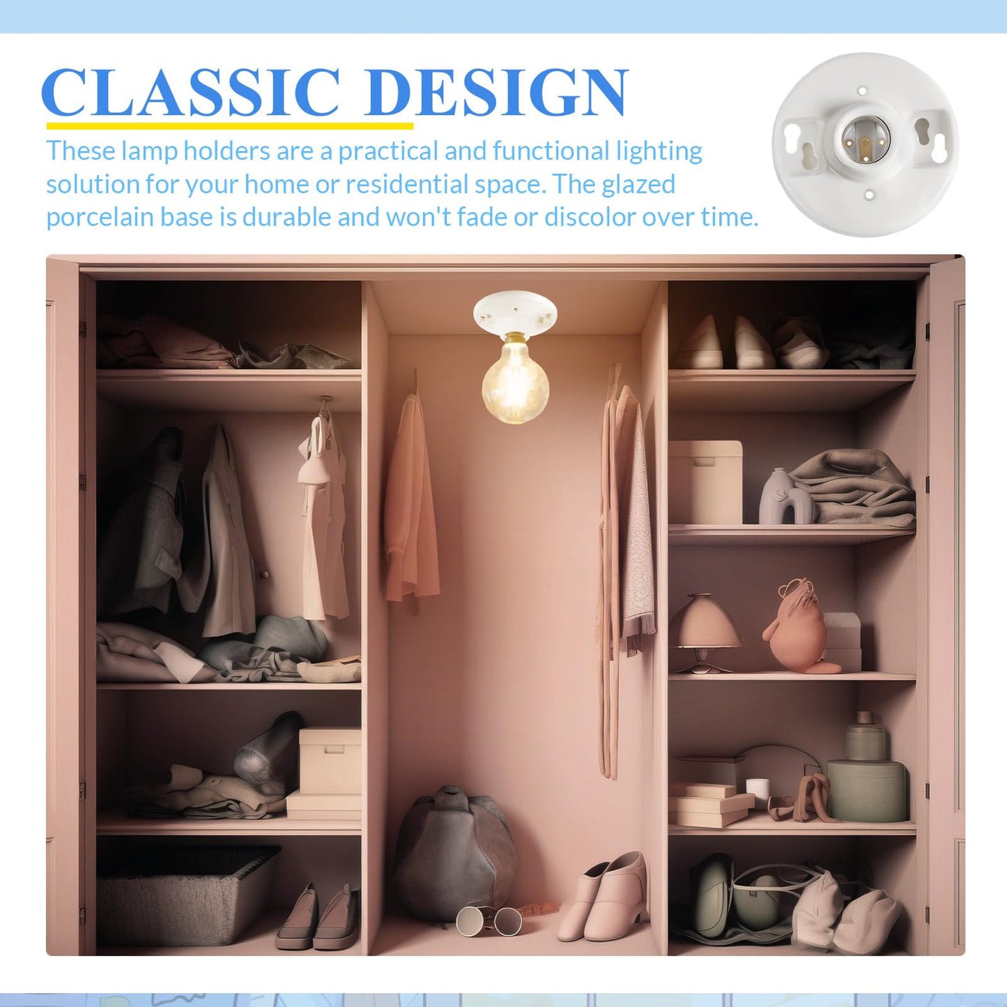 Saysurey 4 Pack Medium Base E26 Lamp Holder Socket Keyless Top Porcelain Light Bulb Socket for Installation on 3. 25” and 4” Junction Boxes Ceiling Light Fixture White Lampholder 660w 250v