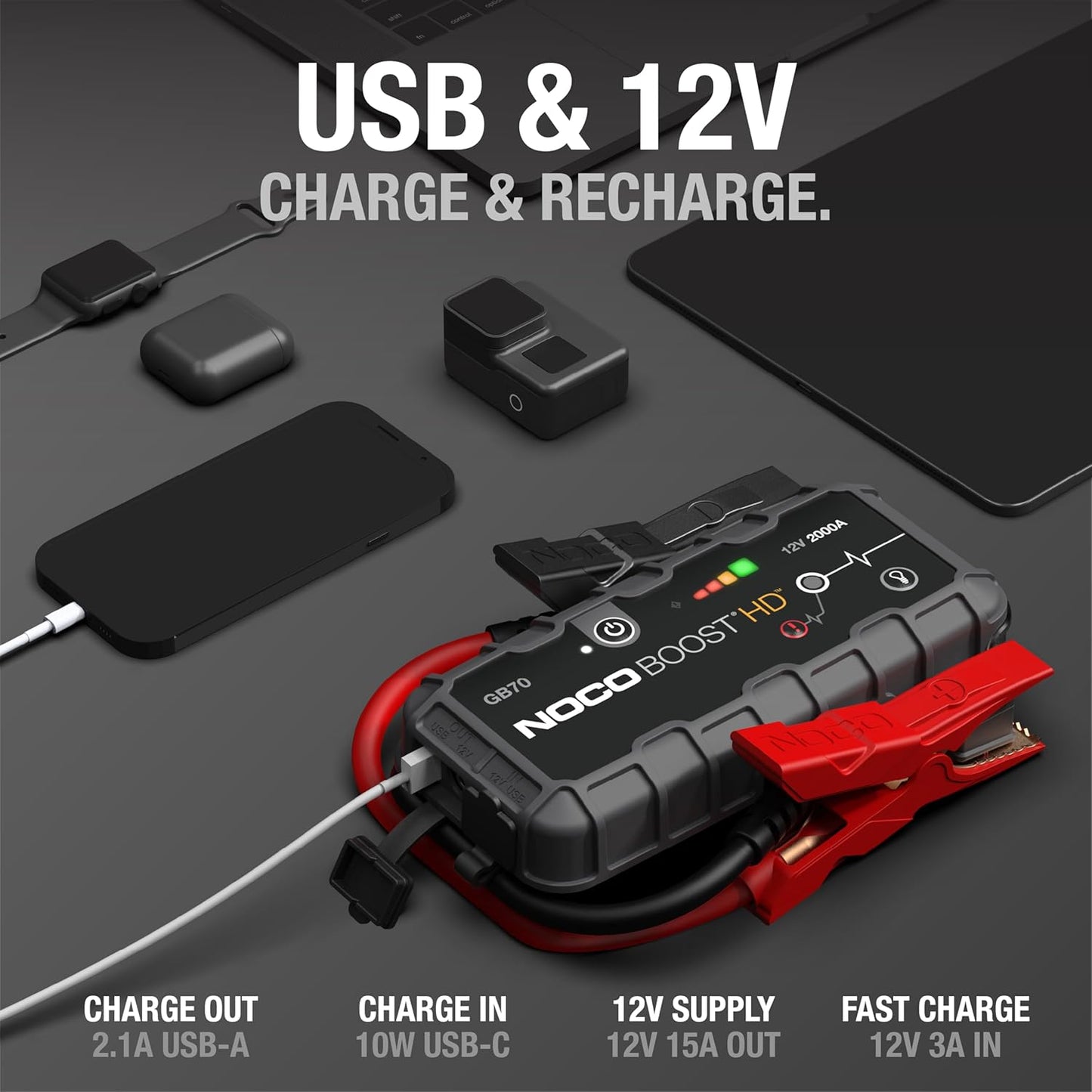 NOCO Boost GB70 Jump Starter - 2000A UltraSafe Lithium Battery Booster for 8.0L Gas & 6.0L Diesel Engines