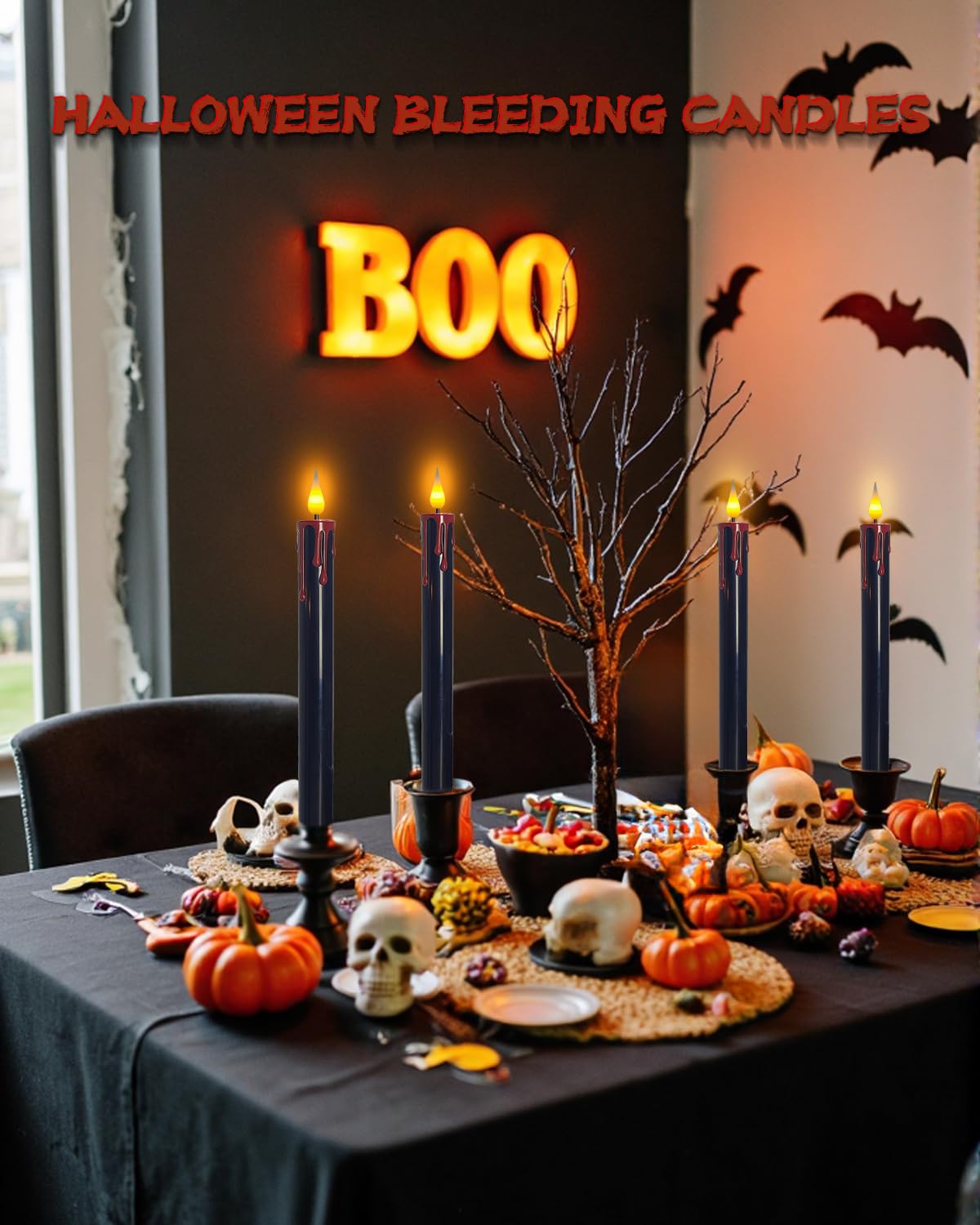 SUNGEGE Flameless Bleeding Candles – 6 Pack, Black LED Taper Candles with Red Dripping Wax Effect, 0.8 x 9.9 Inches, Includes 2 Remotes – Creepy Halloween Decor for Haunted Houses & Horror Parties