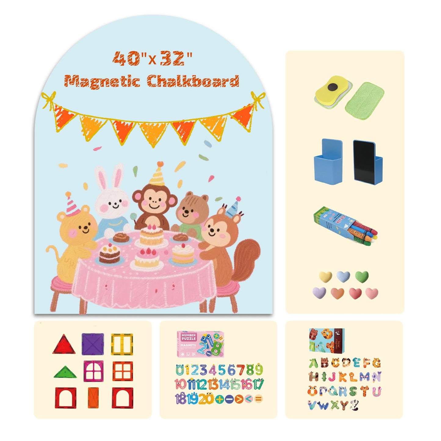 Soubeoii Magnetic Arch Wall Decal 40"x32" — Upgraded Self-Adhesive Magnetic Chalkboard, Magnet Wall for Kids, Includes 4 Magnet Sets, Chalk & Pen Holder for Playroom & Home Decor(Light Blue)