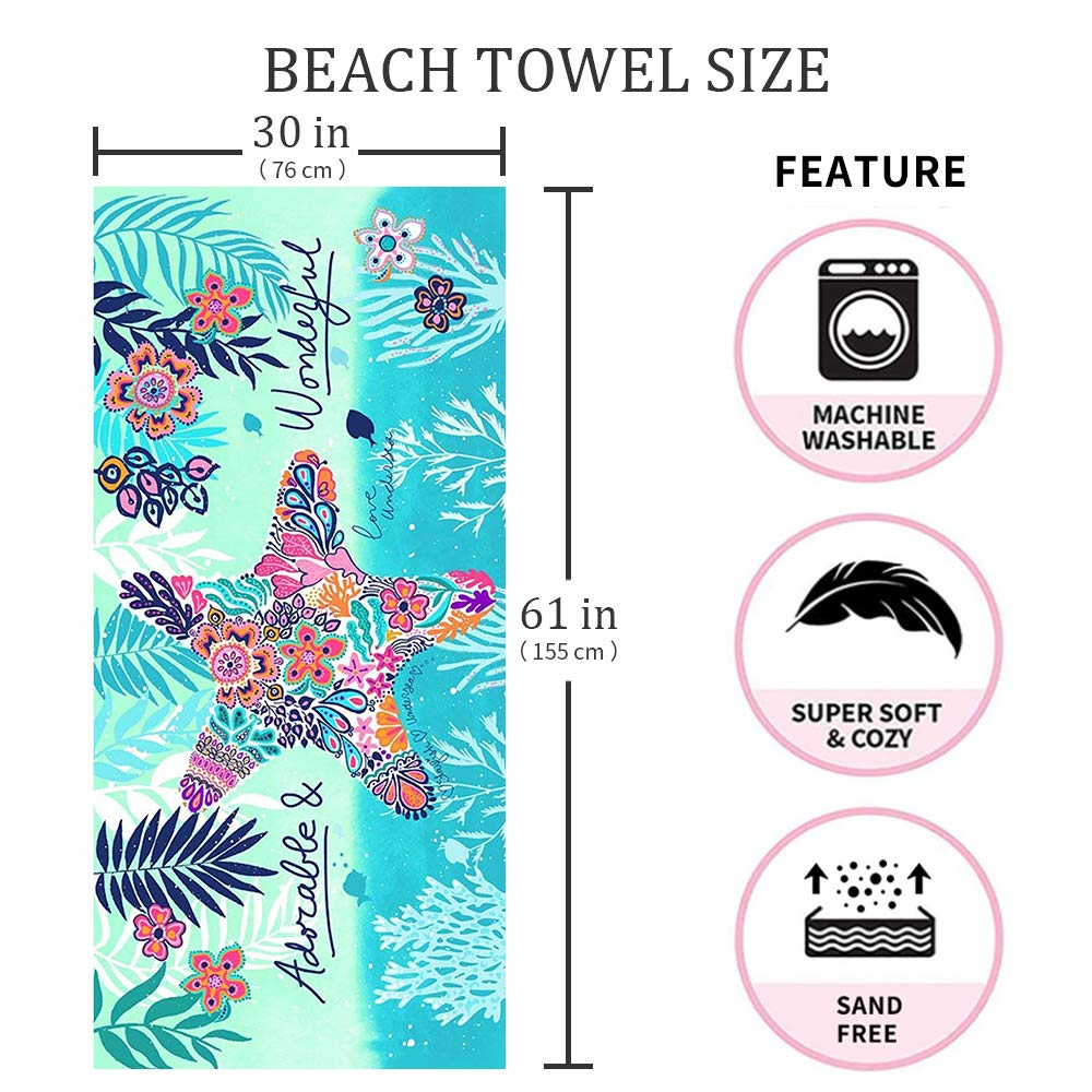 Auxory Beach Towel Microfiber Beach Towels Sand Free Quick Dry Lightweight Travel Towels Oversized Large Quick Cute Starfish Design 30×60 inch Beach Towels for Kids Women Men Pool Swim