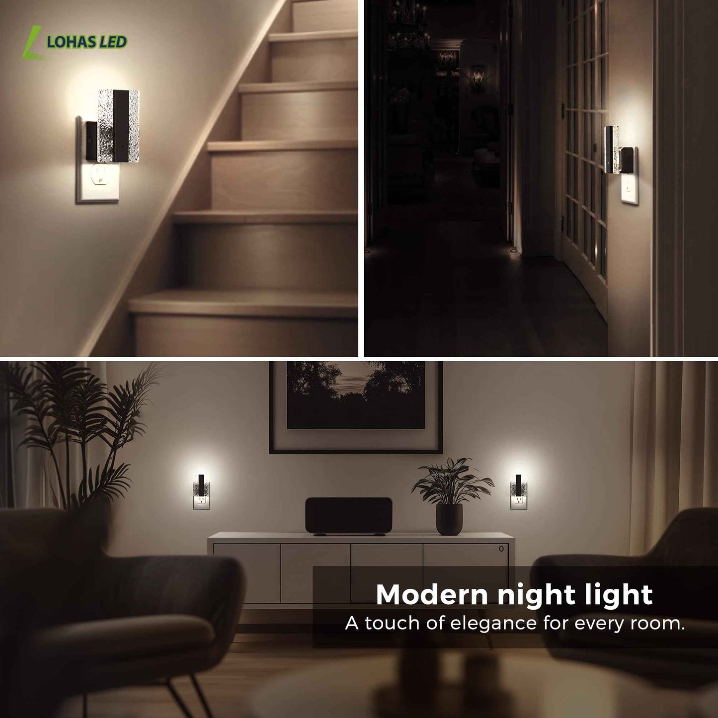 L LOHAS LED Night Lights Plug Into Wall, 2 Pack Night Light with Dusk-to-Dawn Sensor, Dimmable Decorative LED Nightlights, 0-100LM 5000K Adjustable Brightness for Bathroom, Hallway, Bedroom,Stairway
