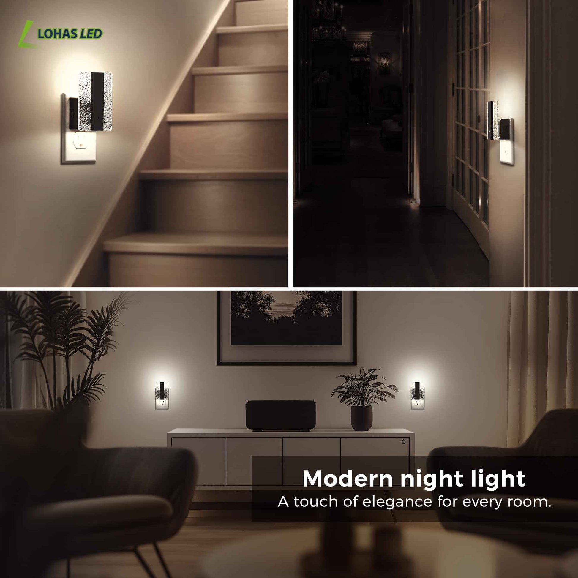 L LOHAS LED Night Lights Plug Into Wall, 2 Pack Night Light with Dusk-to-Dawn Sensor, Dimmable Decorative LED Nightlights, 0-100LM 5000K Adjustable Brightness for Bathroom, Hallway, Bedroom,Stairway