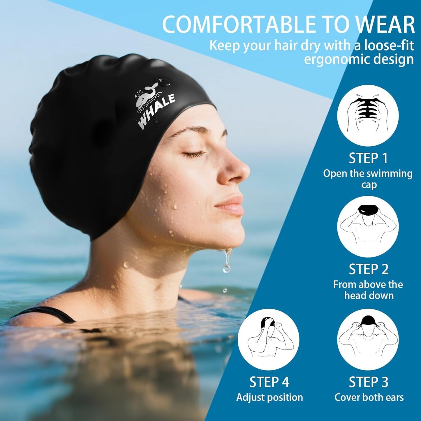 WHALE Extra Large Swim Cap for Women Men Non-Slip, High Elasticity Keeps Hair Dry Unisex Large Size Suitable for Long Hair, Curly Hair and African Dreadlocks (Black)