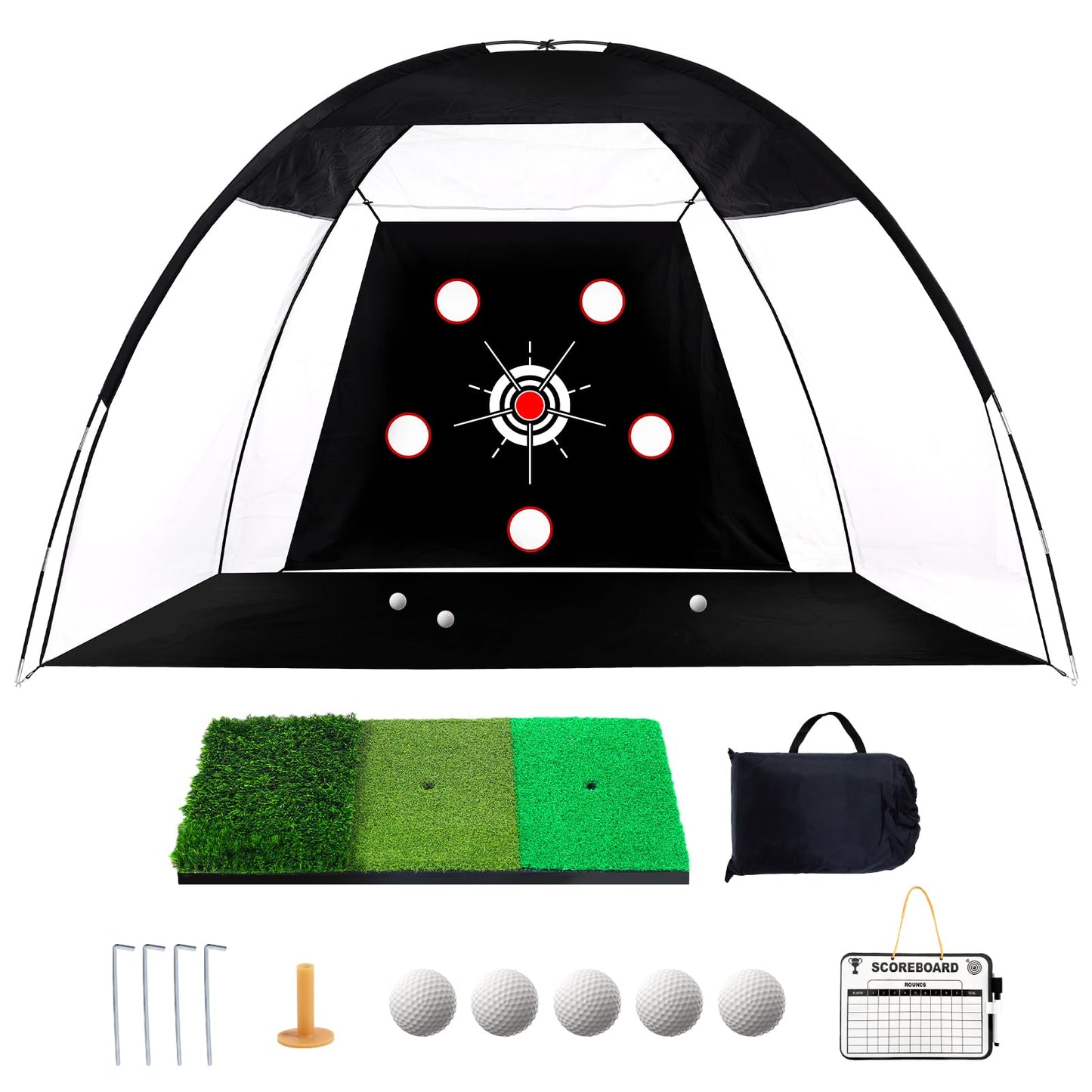 Golf Net 10x7ft, Golf Practice Net for Backyard with 5 Target Holes & Bullseye All-in-One Golf Hitting Net Kit with 3-Turf Mat for Indoor/Outdoor Swing & Chipping Training (10x7ft)