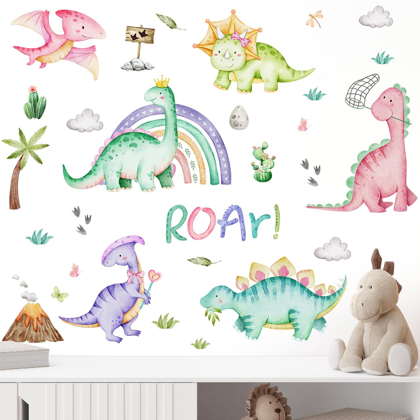 Resurhang Dinosaur Wall Decals Tree Dino Wall Stickers Large Boho Decals Home Decorations for Baby Nursery Boys Girls Bedroom Playroom Kindergarten Daycare Classroom Art Decor