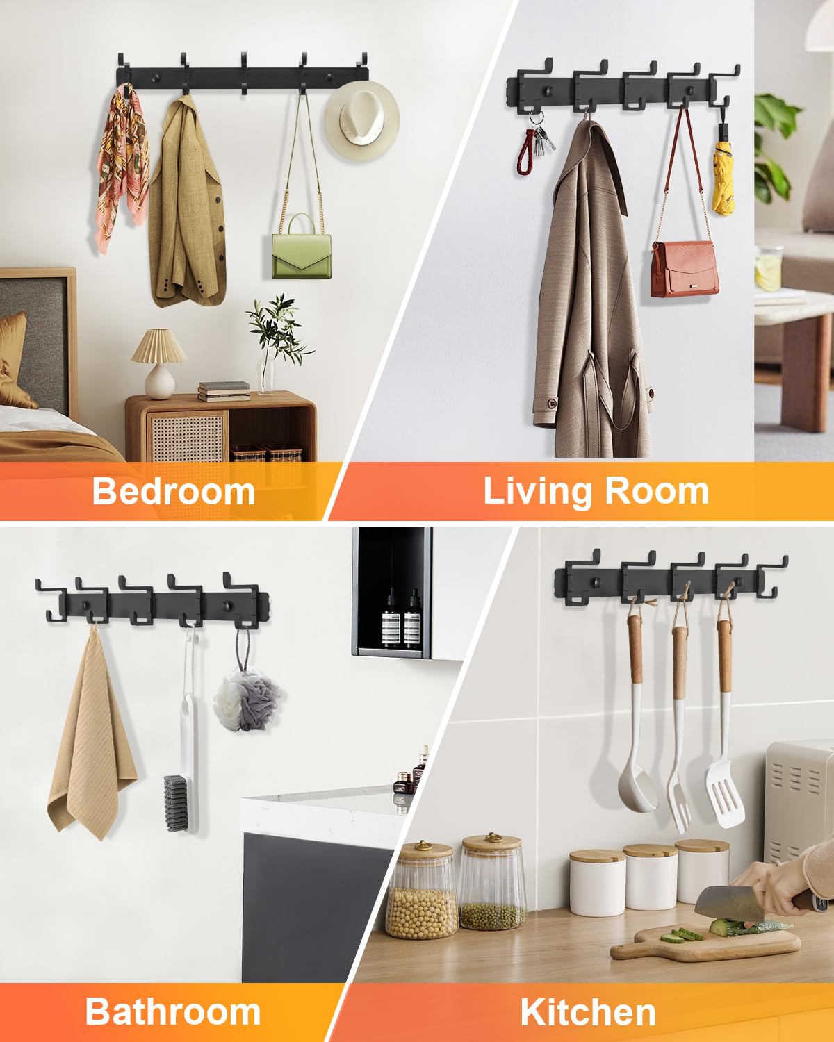 DECLUTTR 2 Pack Coat Rack Wall Mount, 5 Heavy Duty Hooks for Hanging Entryway, Metal Hat Rack, Towel Hanger, Black