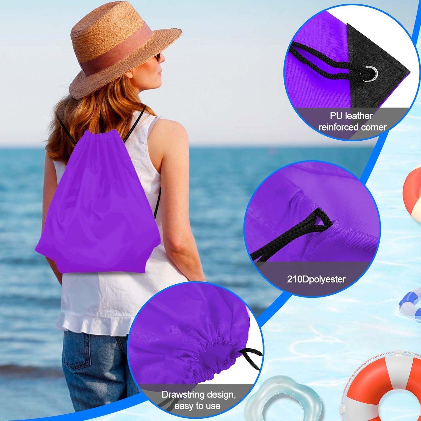 PLULON 2Pcs Drawstring Bags Bulk, Drawstring Backpack Black Purple String Backpack Cinch Sack Sport Gym Backpack Bags for Yoga Traveling Outdoor Sports