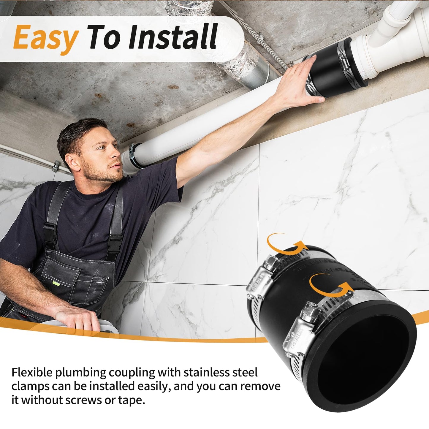 Flexible PVC Pipe Coupling with Rubber Hose Clamps for Flex Coupling1-1/2 Inch Nominal Pipe Drain Repair, Dust Hose,Plumbing Connection,Cast Iron,Plastic Pipe Upgrade, PVC Condensate Pipe Coupling