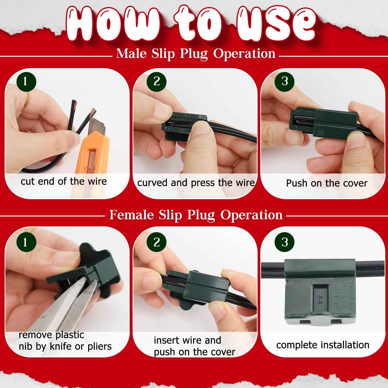 30PCS SPT-1 Christmas Female and Male Light Slip Plug Electrical Vampire Plug Zip 15 Male and 15 Female Gilbert Plugs Set, Christmas Light Plugs Ends for Outdoor Xmas Holiday Party