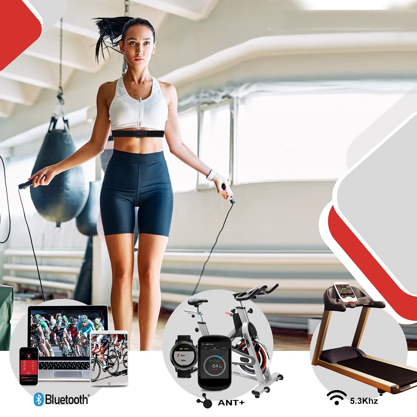 FITCENT Rechargeable Heart Rate Monitor Chest Strap 5.3 kHz/Bluetooth 5.0/ANT+, Heart Rate Sensor for Peloton Strava Zwift DDP Yoga