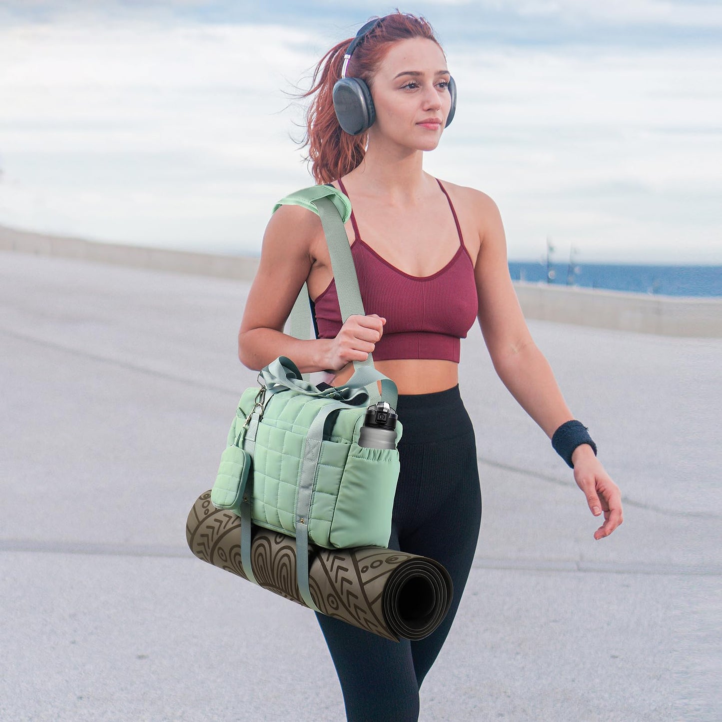 Small Gym Bag for Women, Puffy Sports Duffel Bag with Yoga Mat Holder