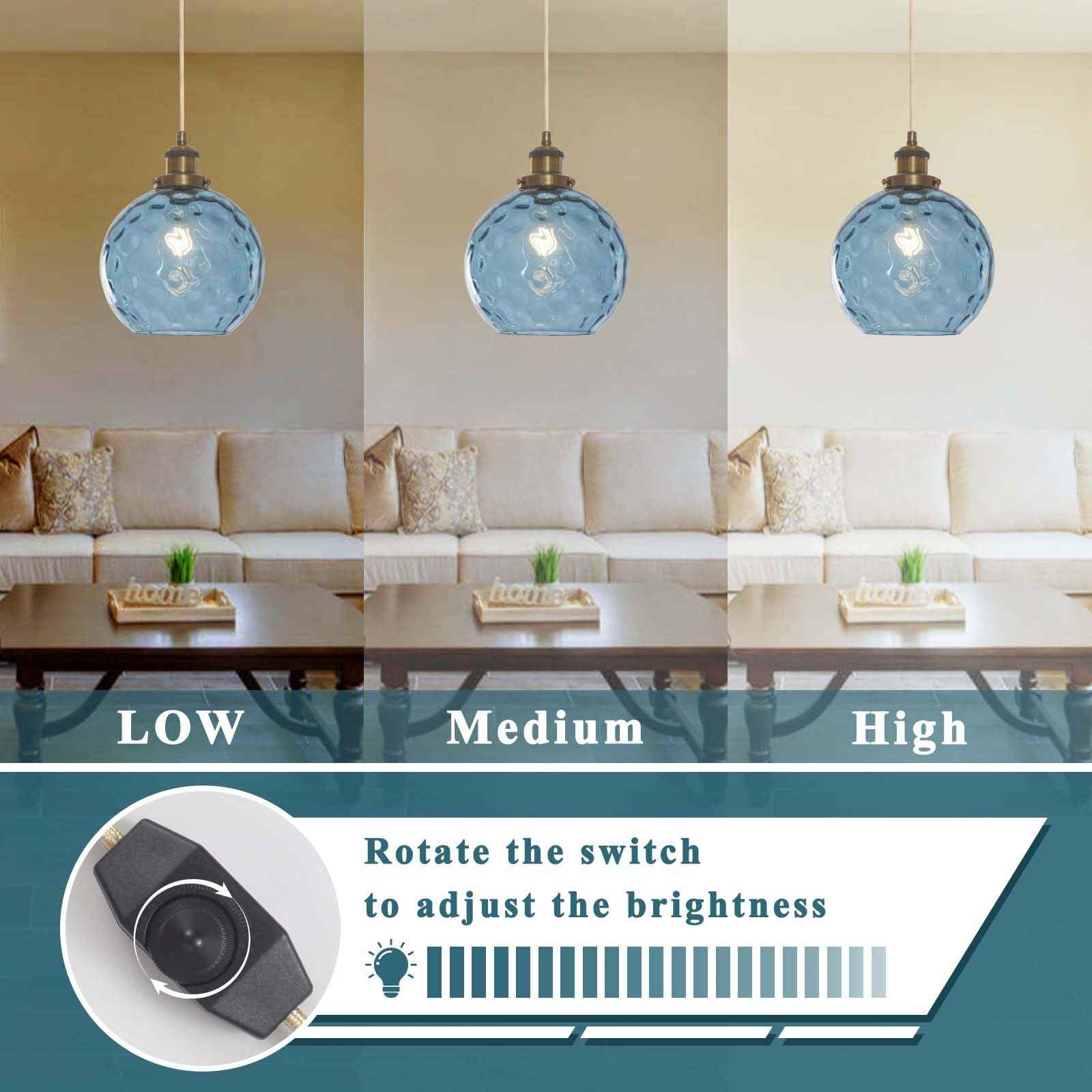 Bedoxin Plug in Pendant Light, Handblown Glass Pendant Light with Dimmable Switch Hanging Lights with Plug in Cord 15ft, Hanging Lamp Plug in for Dining Living Room Kitchen Island Bedroom