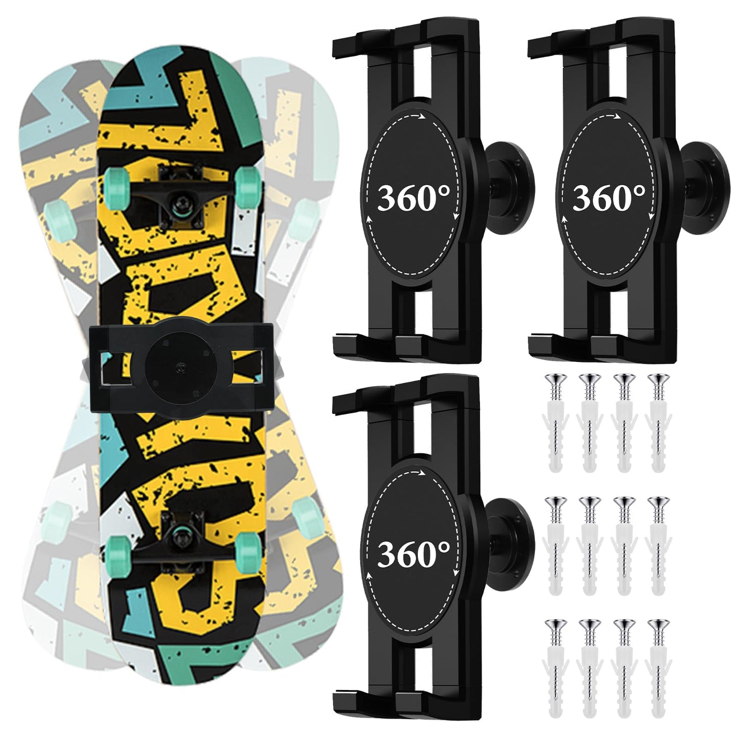 DRABPOI Skateboard Decks Wall Mount 360° Rotating Skateboard Wall Hanger, Universal Skate Wall Mount Horizontal Any Angle Extending Floating Display Hanger Grab (3PCS Wall Hanger) (3PCS Wall Hanger)