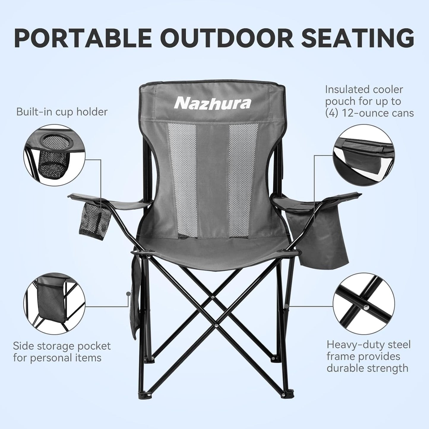 Nazhura Portable Folding Camping Chairs - Mesh Backrest & Cooler Pouch | Grey, Set of 2